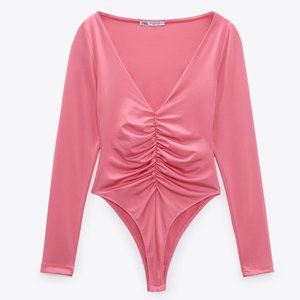 ZARA BUBBLE GUM PINK V NECK LONG SLEEVE SPANDEX BODYSUIT
